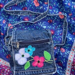 Floral Embroidered Denim Crossbody Bag